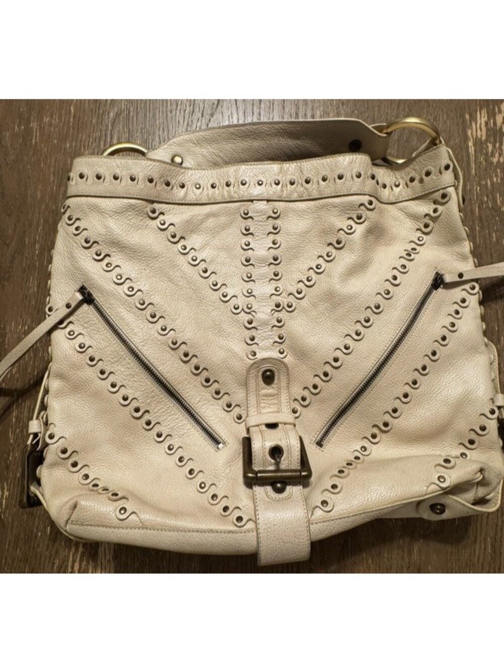 Vtg Besso Cream Italy Studded Leather Shoulder hobo Bag Y2K Western Boho Buckle - Picture 16 of 16